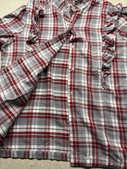 1970s Women’s Ruffled Red & Grey Flannel L Sleeve Top