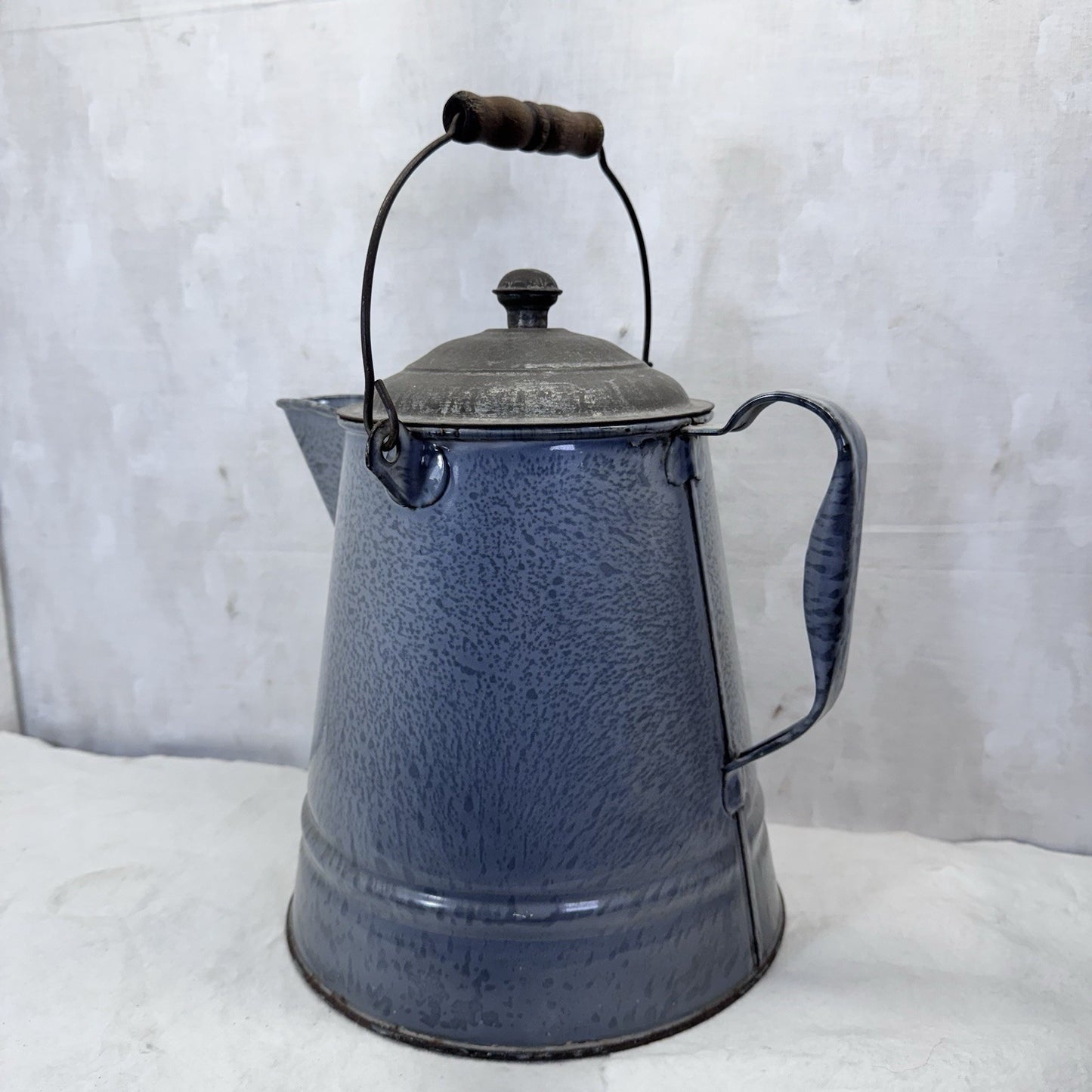 Grey Enamelware Splatter Swirl Mottled Coffee Pot Vintage