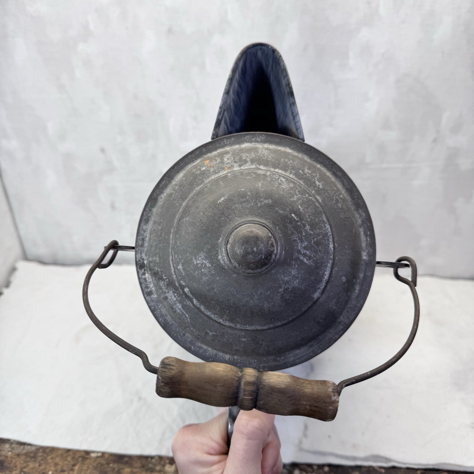 Grey Enamelware Splatter Swirl Mottled Coffee Pot Vintage