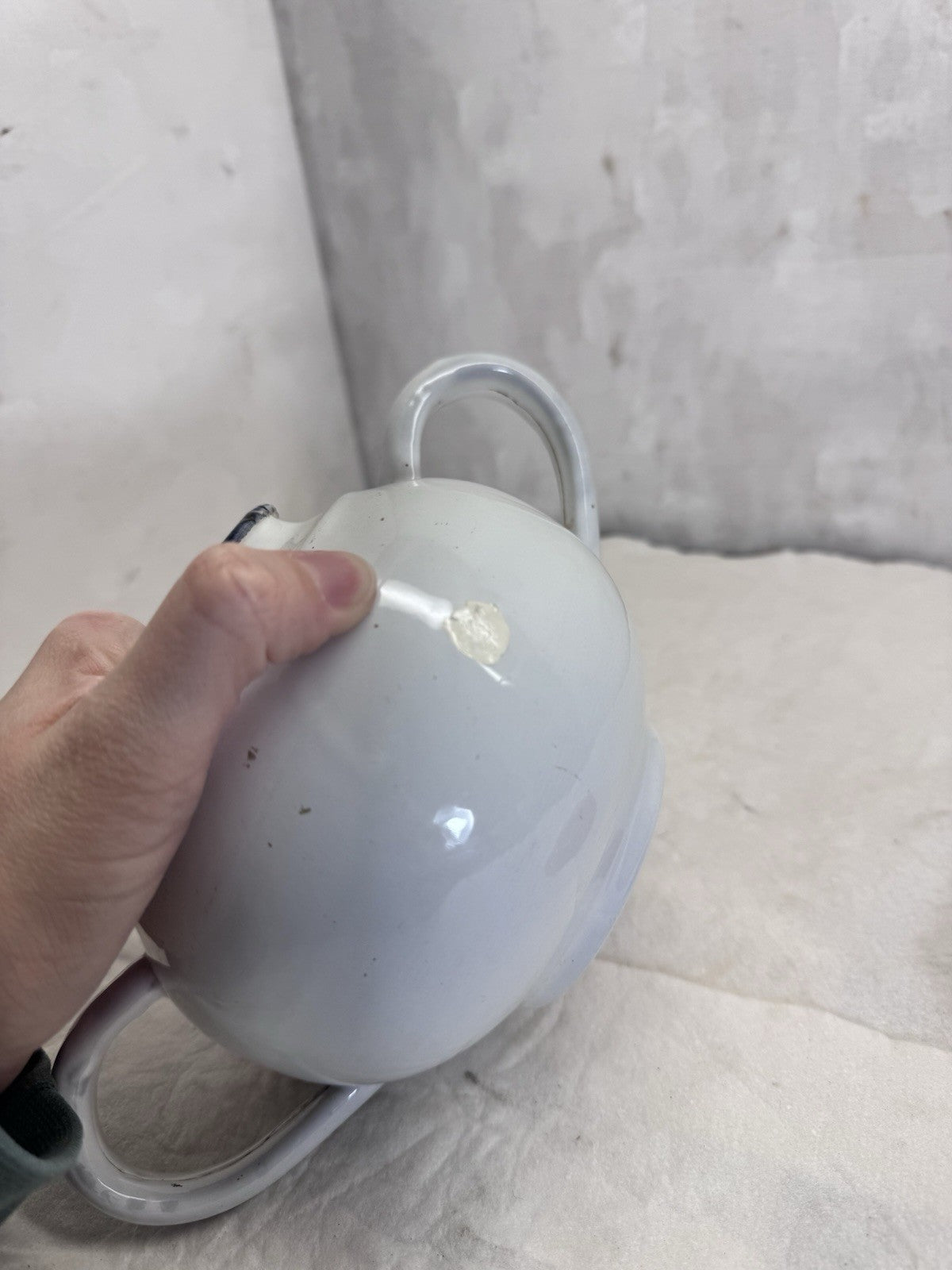 Vintage White Orange And Black Enamelware Double Handle Pot 