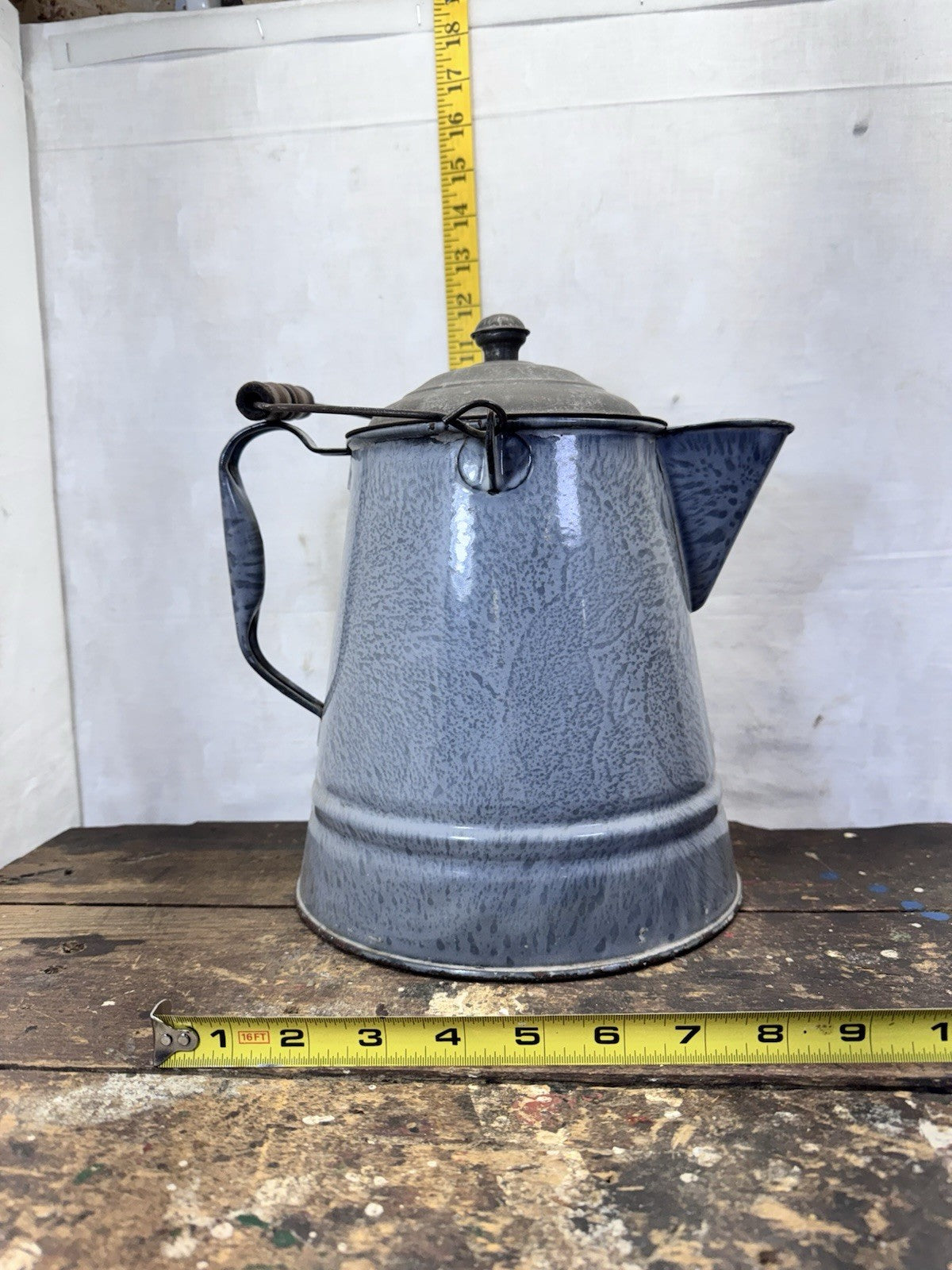 Grey Enamelware Splatter Swirl Mottled Coffee Pot Vintage