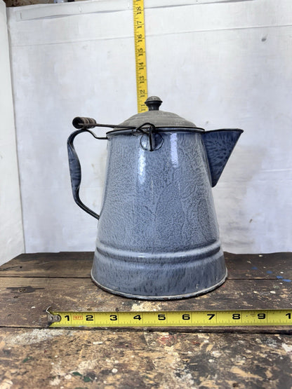 Grey Enamelware Splatter Swirl Mottled Coffee Pot Vintage
