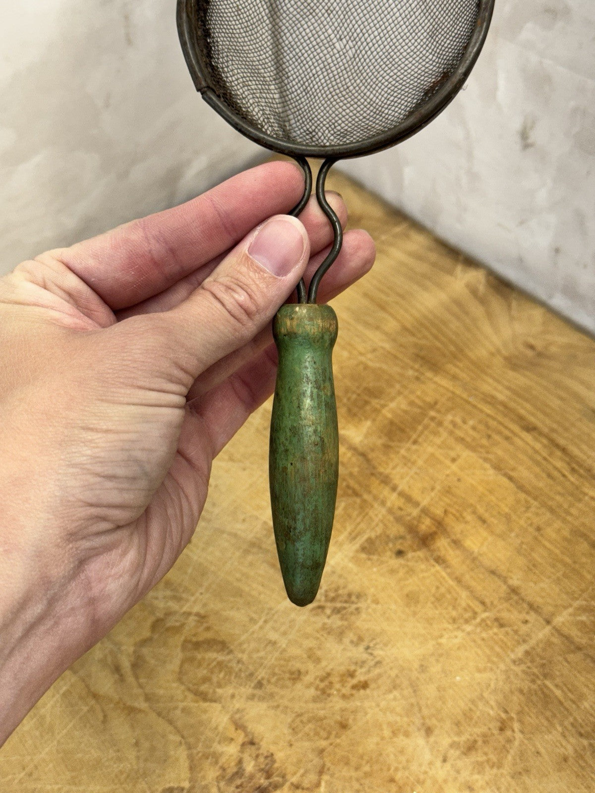 Handheld Handle Mini Green Strainer Vtg #S-1417