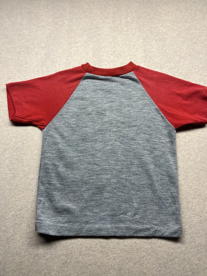 1970s, 80s Boys Red & Grey S Sleeve Raglan Knit Shirt