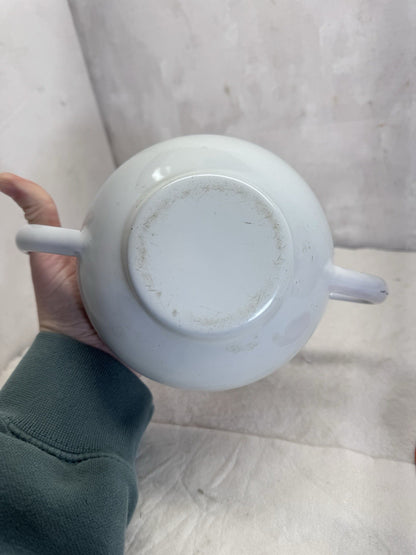 Vintage White Orange And Black Enamelware Double Handle Pot 