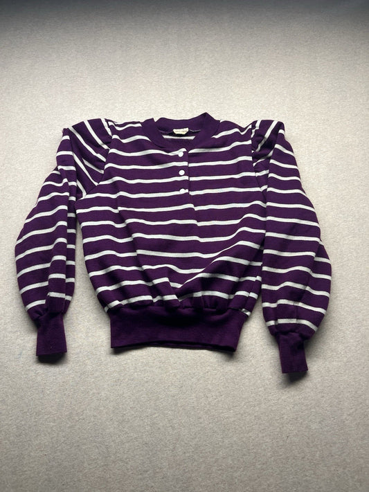 1970s, 80s Women’s Purple & Wht Striped L Sleeve Sweater Padded Shoulders