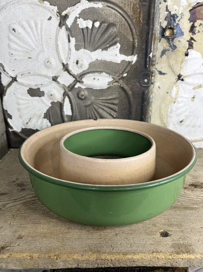 antique vintage enamelware green And Pink Jello Mold Bundt Pan