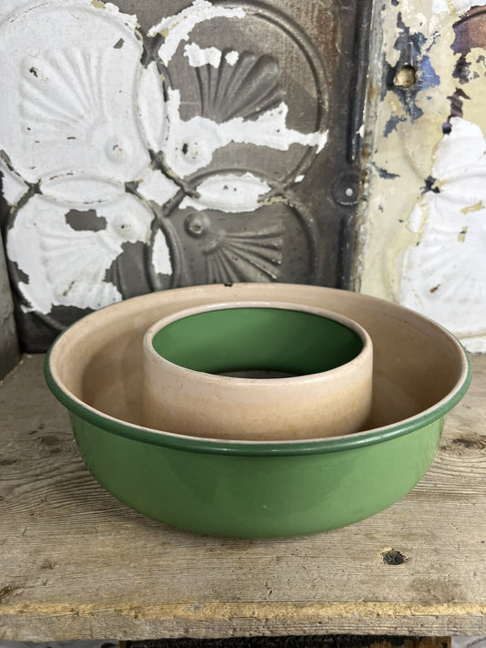 antique vintage enamelware green And Pink Jello Mold Bundt Pan