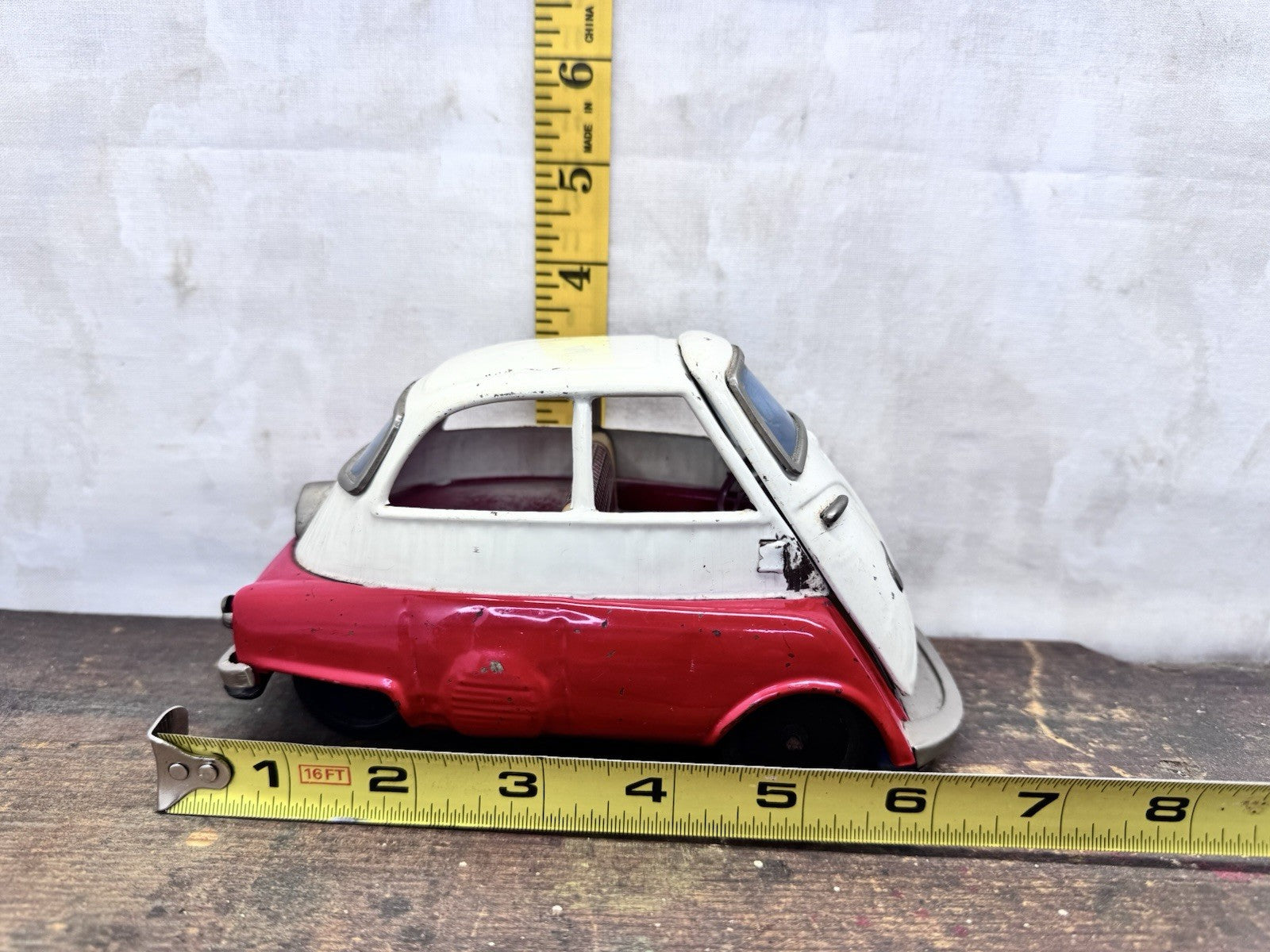 Vintage Bandai BMW Isetta Tin Friction Car Red & White Missing Mirror #1130