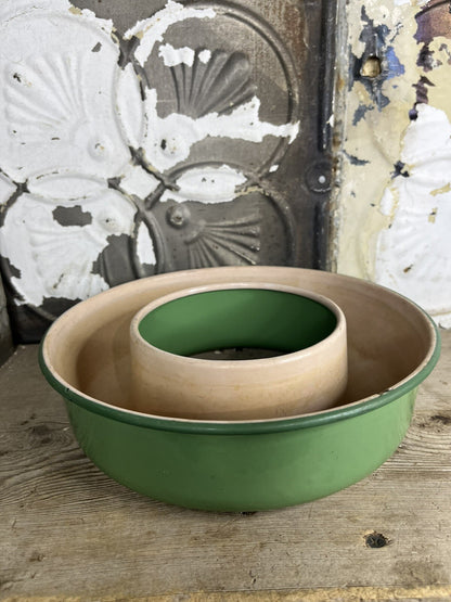 antique vintage enamelware green And Pink Jello Mold Bundt Pan