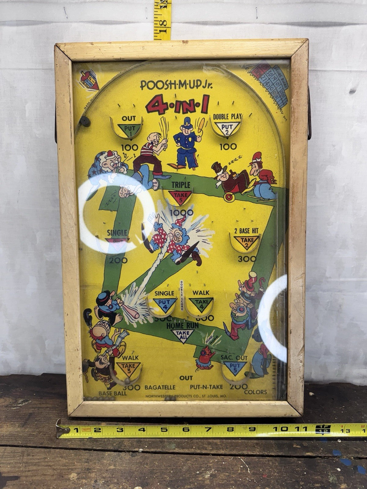 Antique Poosh-M-Up Jr. Baseball Tabletop Pinball 4 in 1 Game 1920-30s #1016