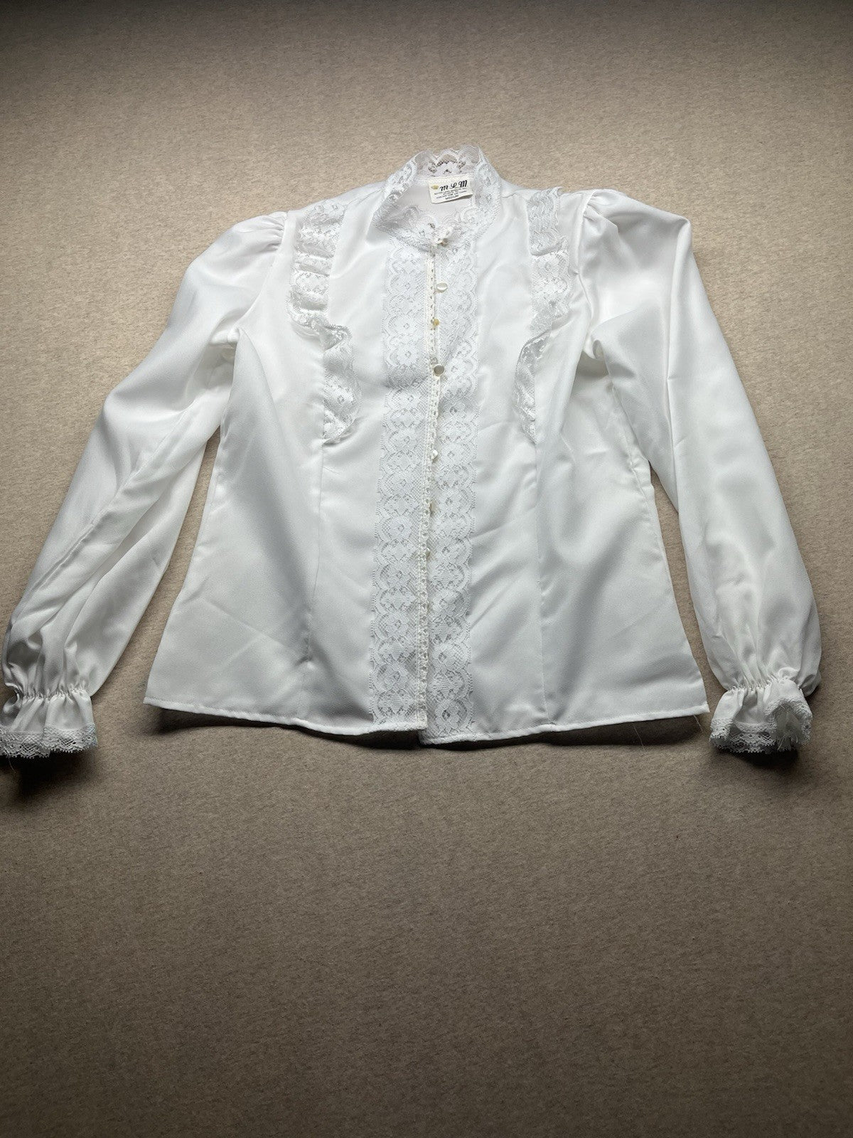 1960s, 70s Women’s L Sleeve White Nylon Ruffled Shirt