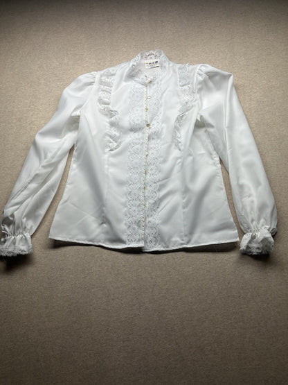 1960s, 70s Women’s L Sleeve White Nylon Ruffled Shirt