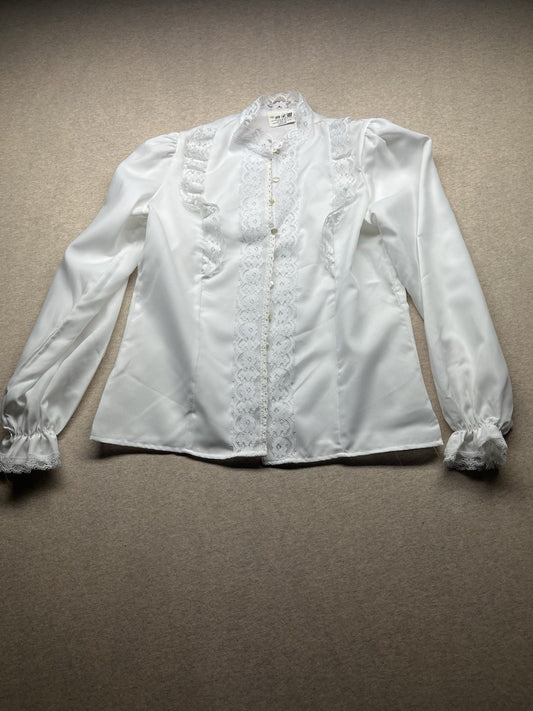 1960s, 70s Women’s L Sleeve White Nylon Ruffled Shirt