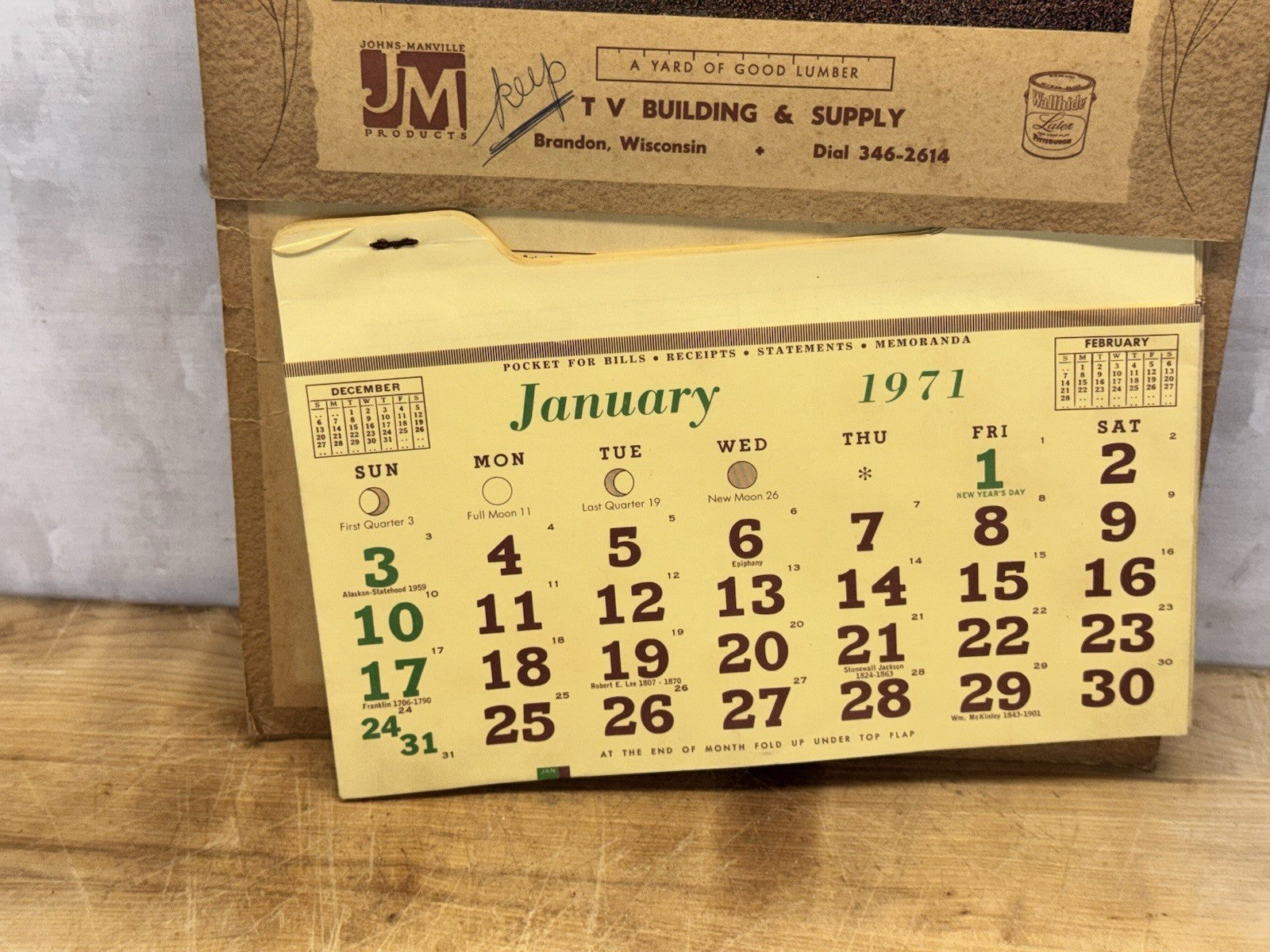 T V Building Supply Brandon Wisconsin 1971 Advertising Calendar #1416