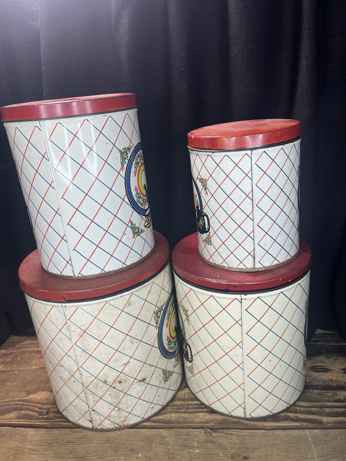 Vintage 4 Piece Canister Set With Patina Double Sided 