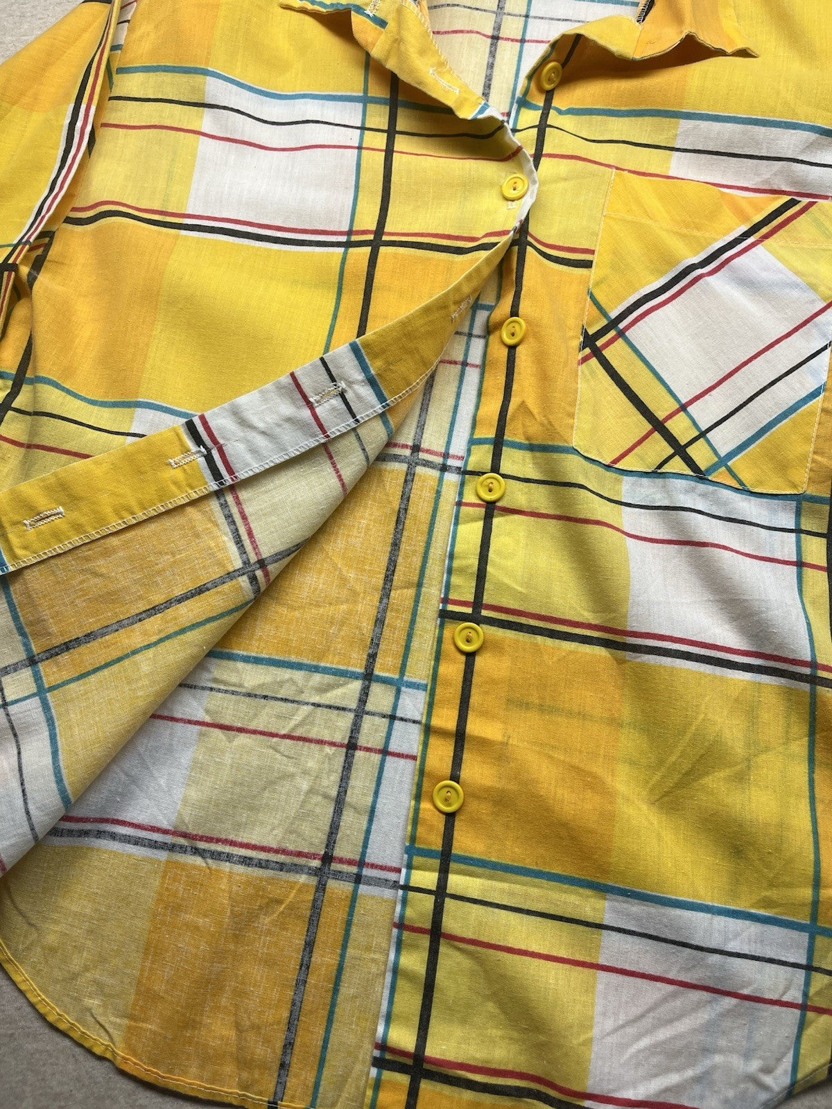 1960s Women’s Yellow Plaid Padded Shoulders Cotton Shirt