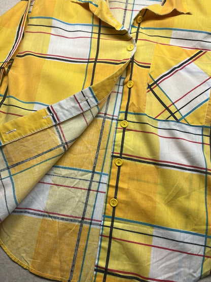 1960s Women’s Yellow Plaid Padded Shoulders Cotton Shirt