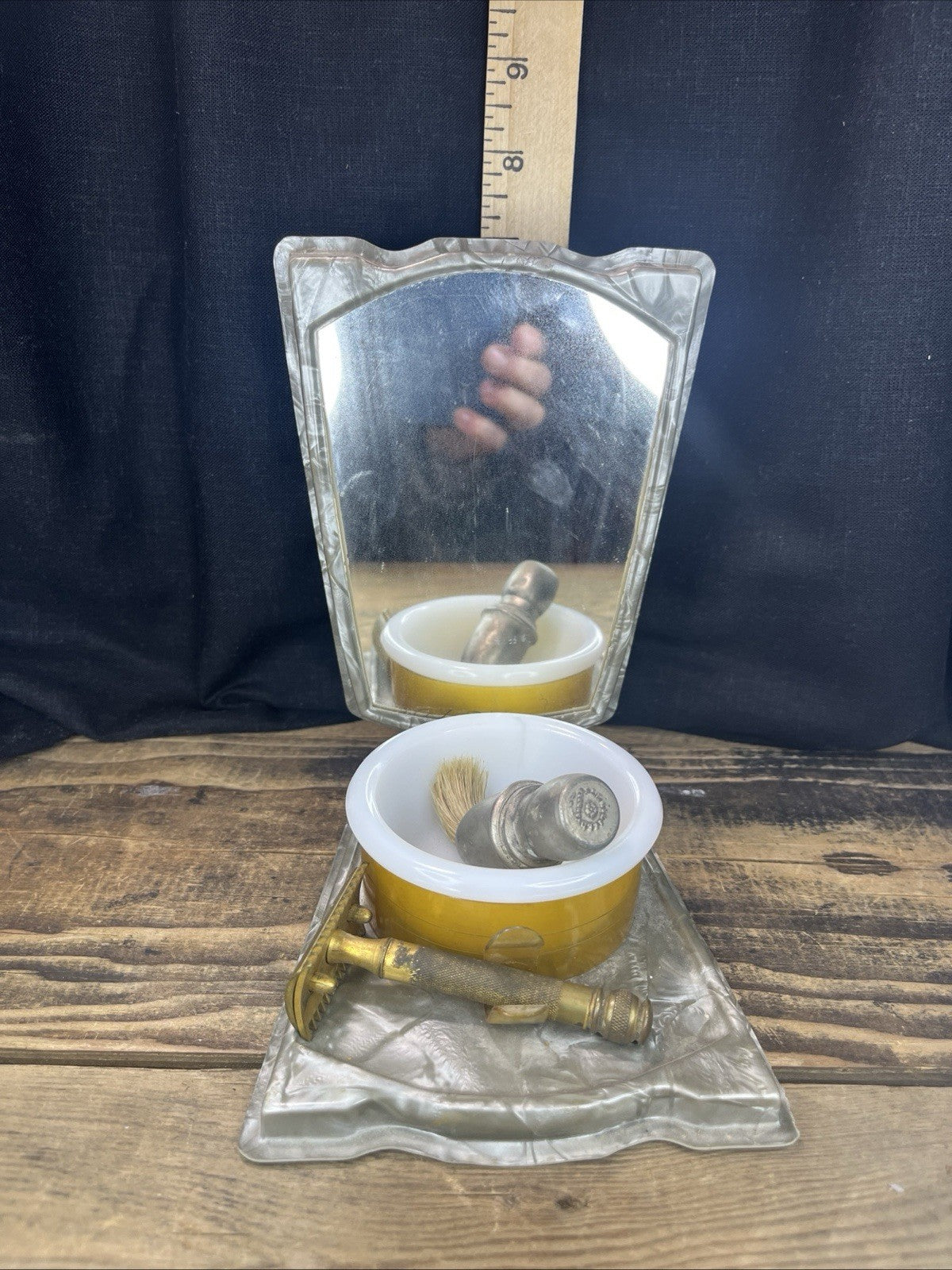 Vintage Collapsible Shaving Mirror, Razor & Brush