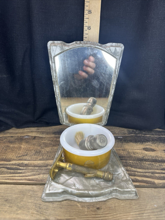 Vintage Collapsible Shaving Mirror, Razor & Brush