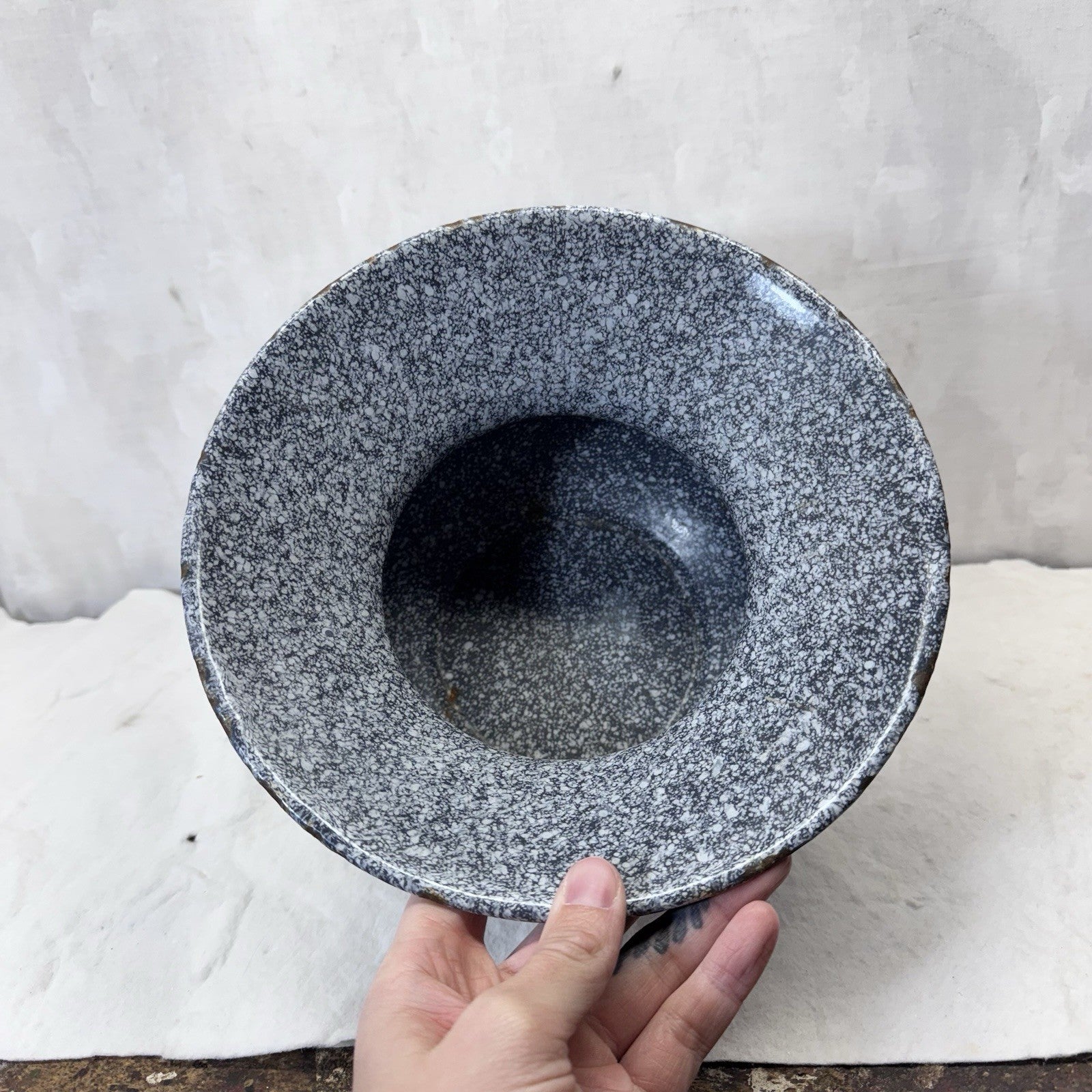 Grey White Enamel Spittoon Vintage