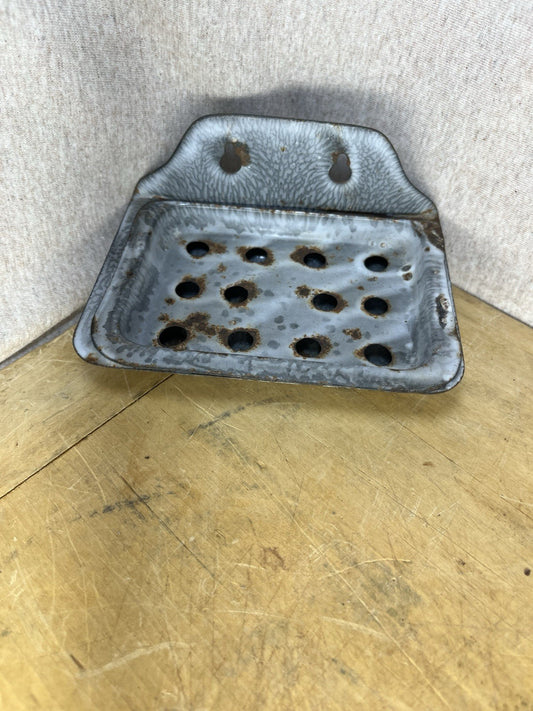 Grey Enamel Soap Dish W/Patina