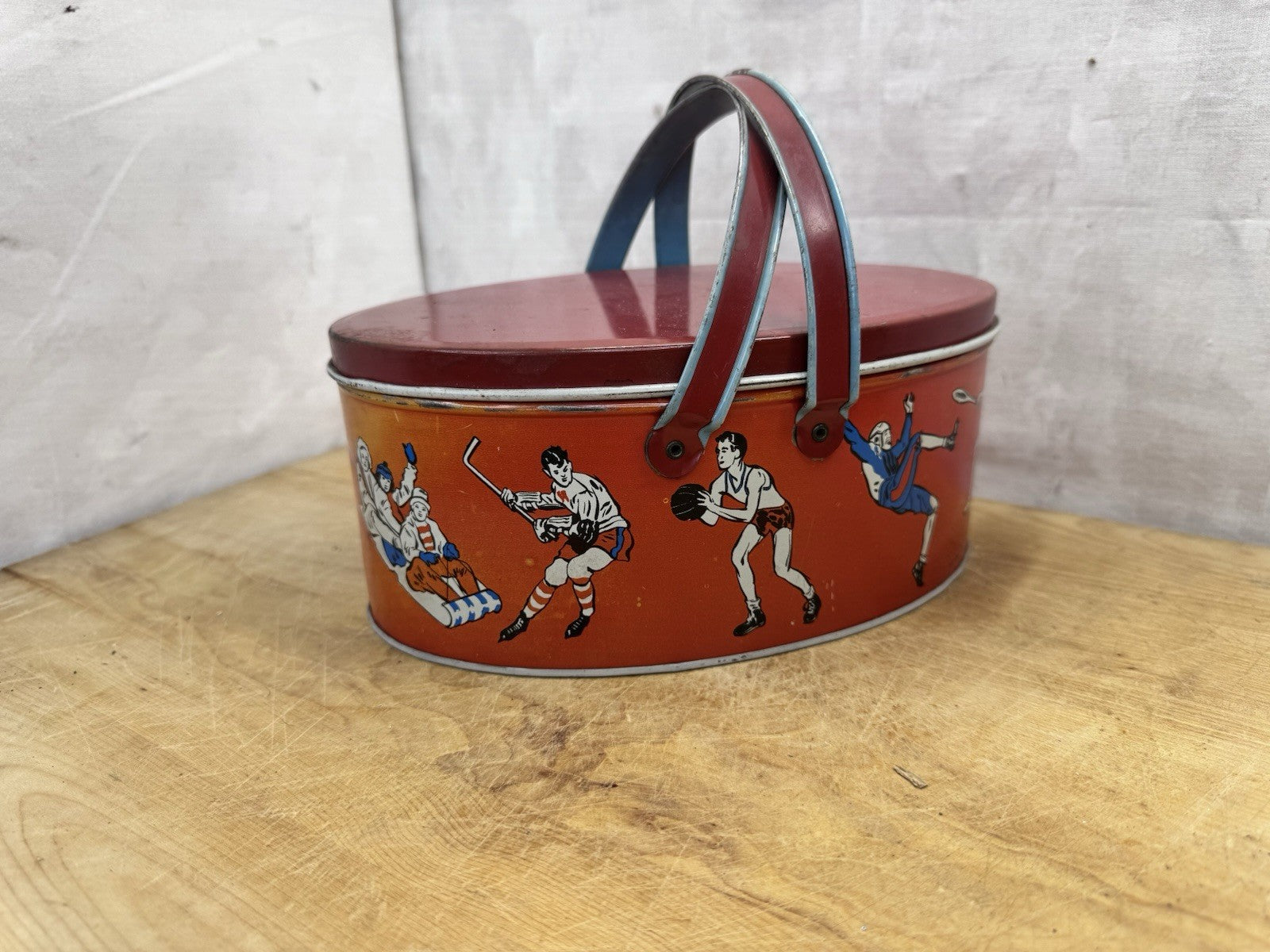 Vintage 1930s Sports Lithograph Metal Lunchbox by Ohio Art #1391