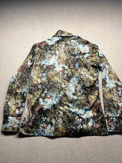 1960s, 70s Women’s Knit L Sleeve Brown Flowered Print Shirt By Terry