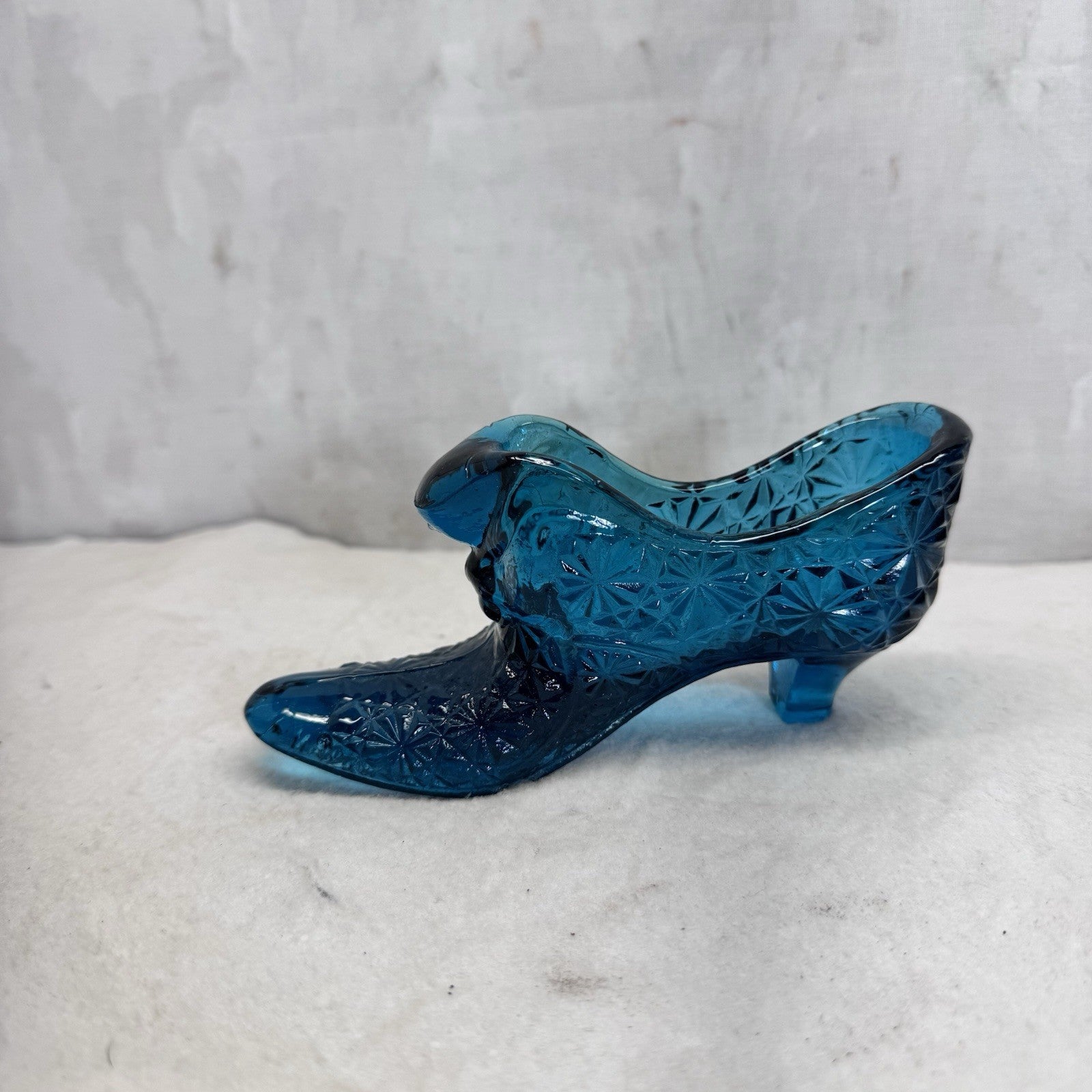 Teal Blue Antique Glass Daisy Pattern Shoe Vintage