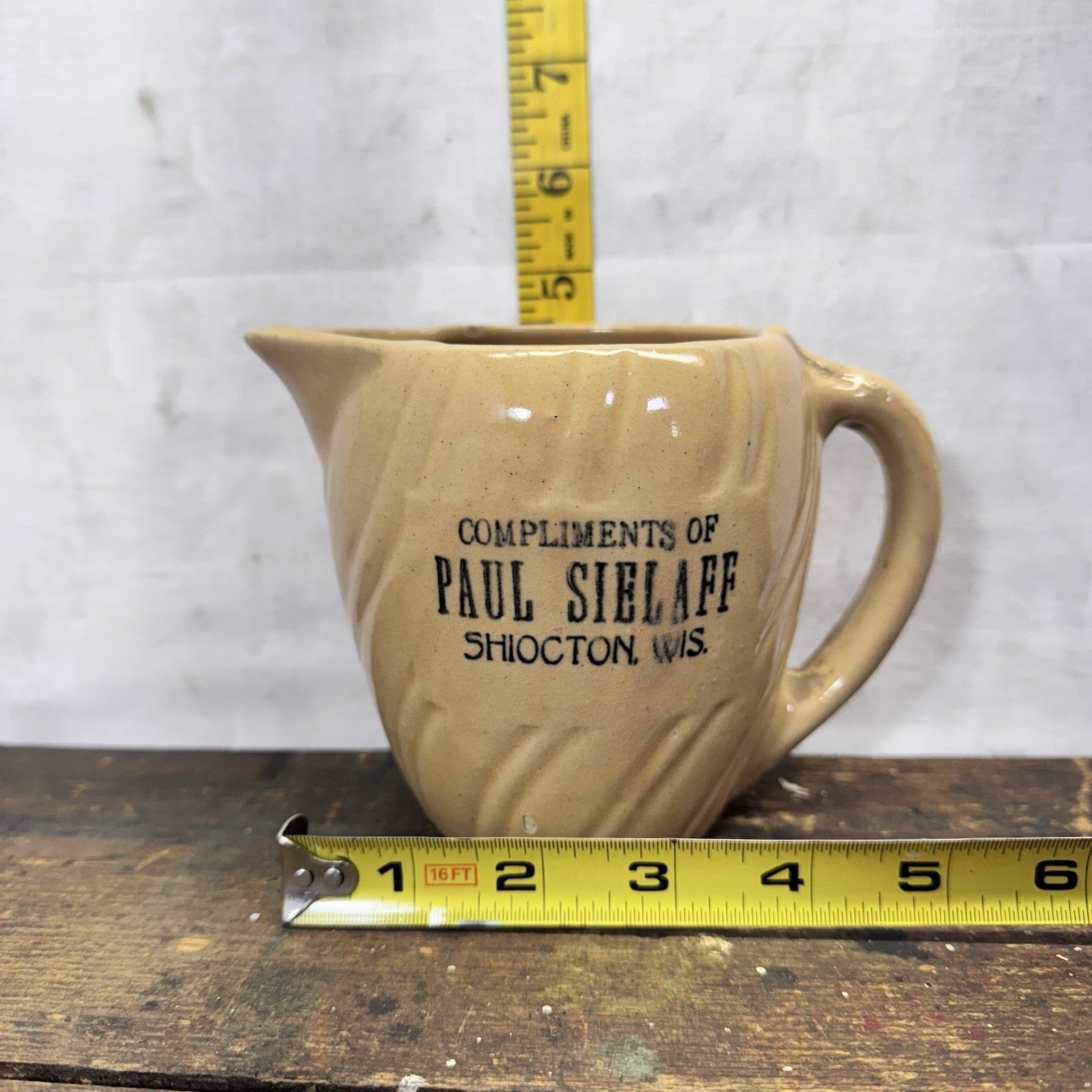 Paul Sielaff Shiocton Wisconsin Stoneware Pitcher Vintage Advertising