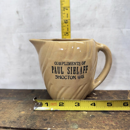 Paul Sielaff Shiocton Wisconsin Stoneware Pitcher Vintage Advertising
