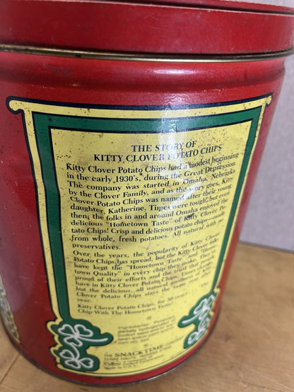 Vintage Kitty Clover Potato Chip Tin 14oz 1983 RED Retro Advertising