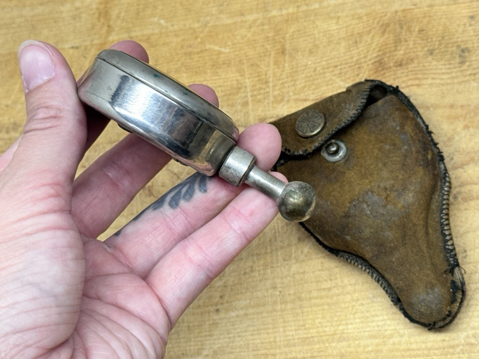 Antique Bike  Tire Gauge With Leather Pouch #1129