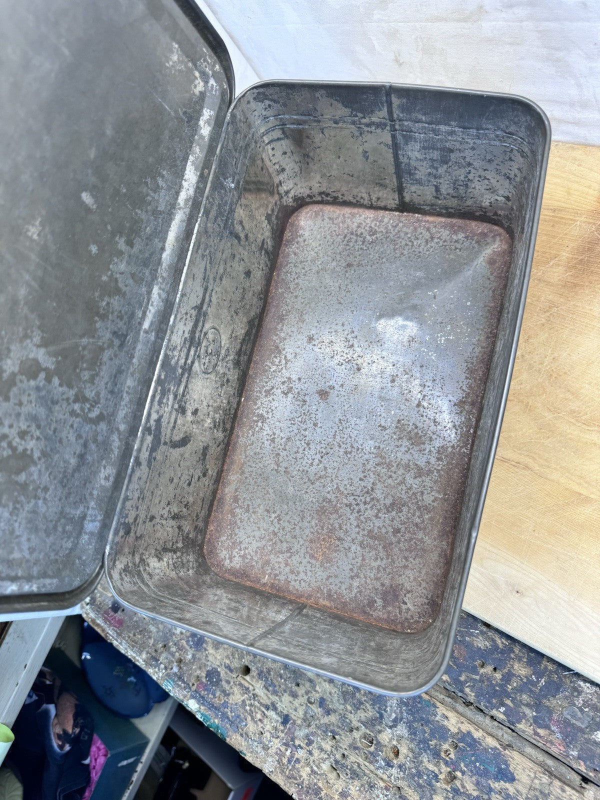 Antique Tin Bread Box Green & Cream #1480