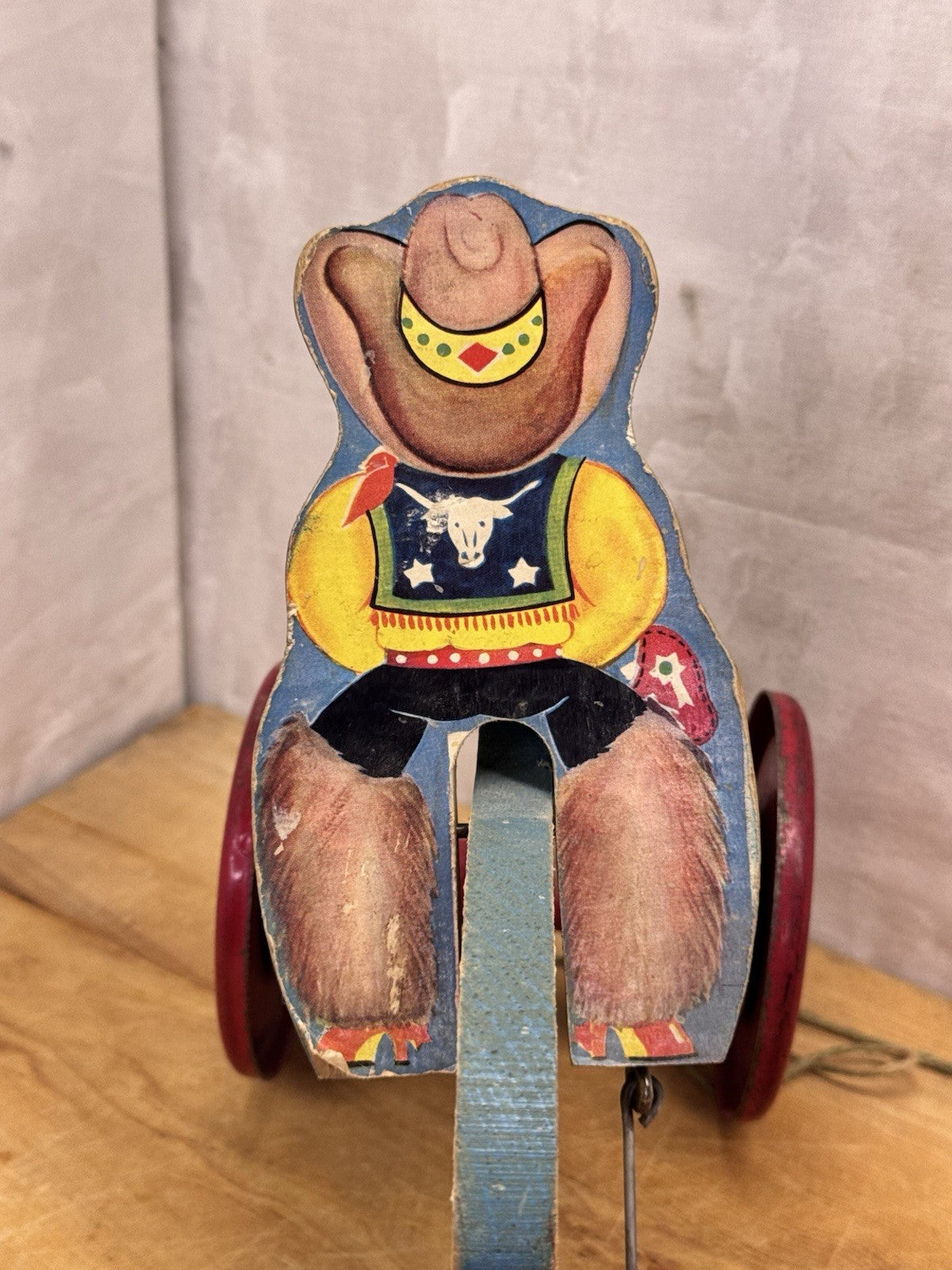Vintage Wooden Cowboy/Horse Pull Toy - N.N. Hill Brass Co.  #1159