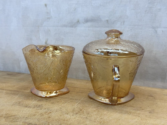 Vtg Jeanette Glass Floragold Louisa Creamer & Sugar Bowl With Lid #1447