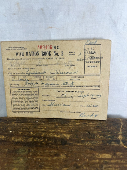 U.S. WWII World War II Ration Book No. 3 w/Stamps Vintage