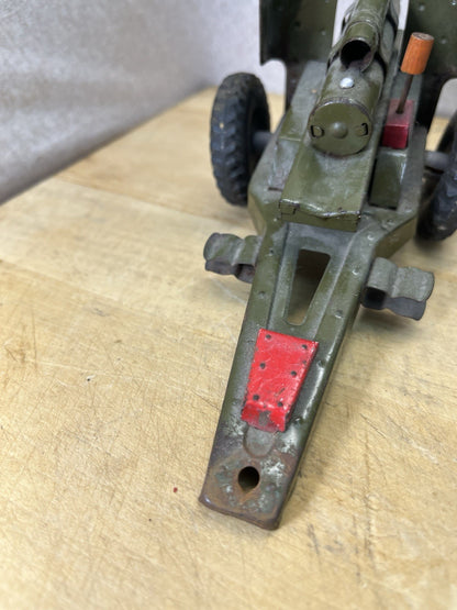Vintage Tin Friction Jeep W/ Toy Working Spring Howitzer Gun