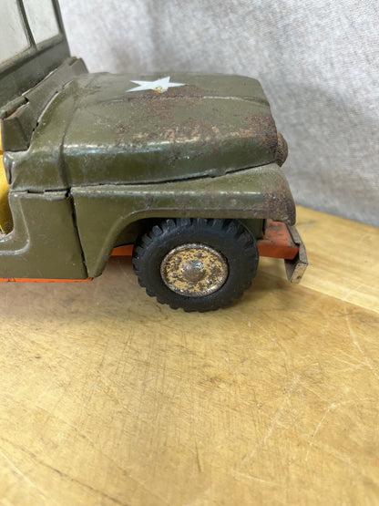 Vintage Tin Friction Jeep W/ Toy Working Spring Howitzer Gun