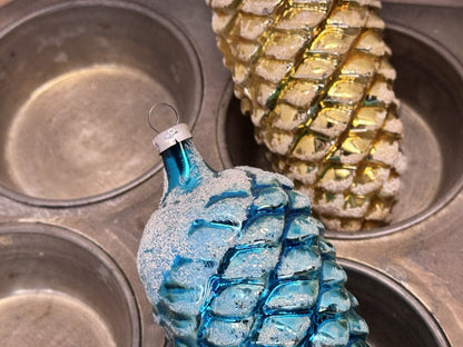 4 Blue Yellow Pinecone Lg Ornaments Antique #1547