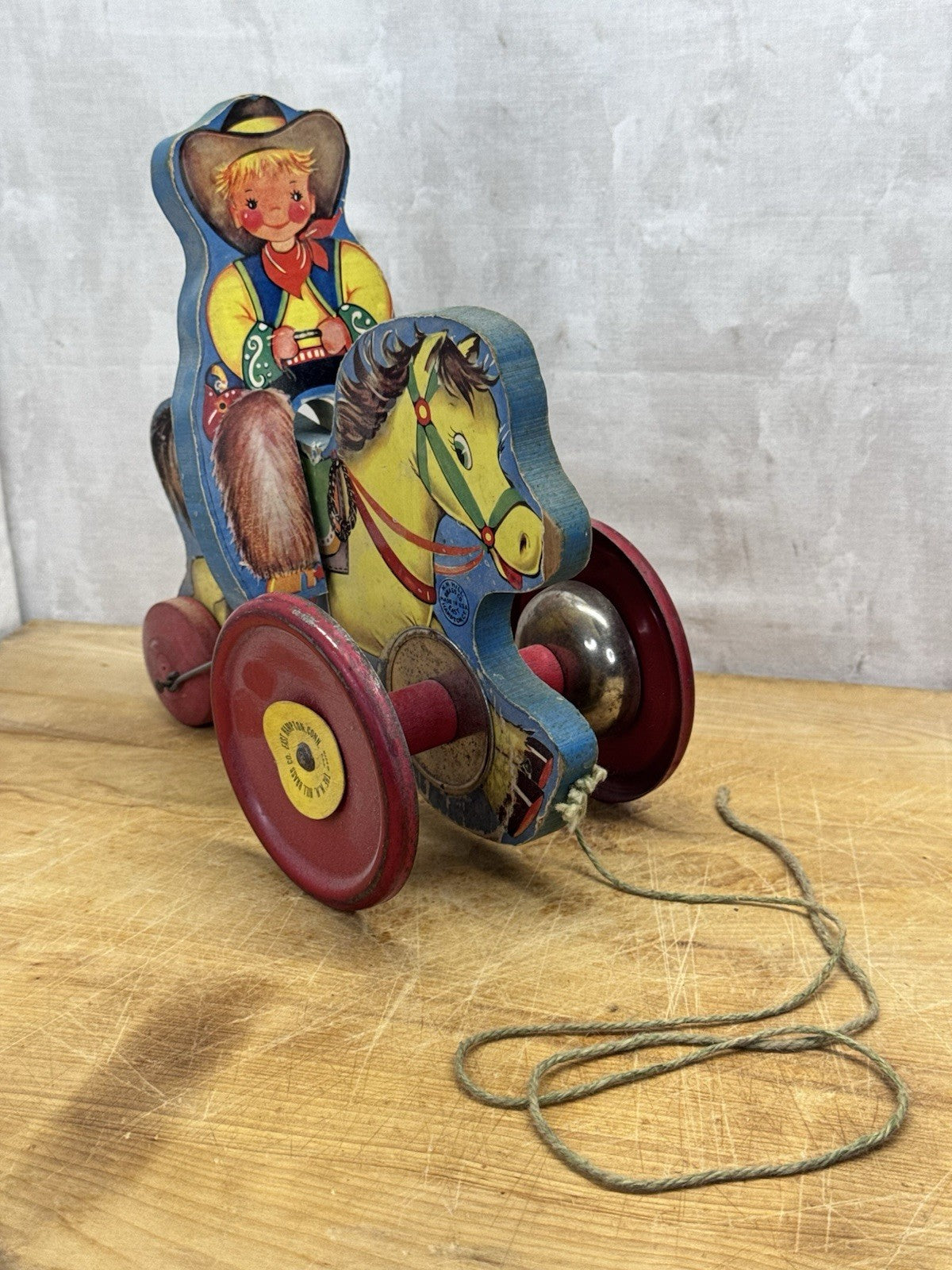 Vintage Wooden Cowboy/Horse Pull Toy - N.N. Hill Brass Co.  #1159