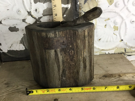 Primitive Antique Morter And Pestal With Repairs, Farm Decor, Home Decor
