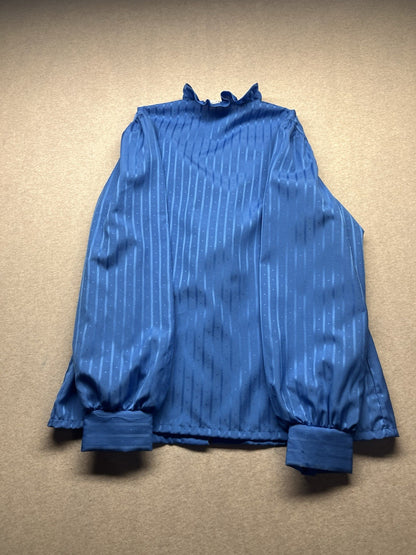 1970s, 80s Women’s L Sleeve Blue Striped Nylon Ruffled Top
