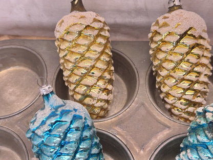 4 Blue Yellow Pinecone Lg Ornaments Antique #1547