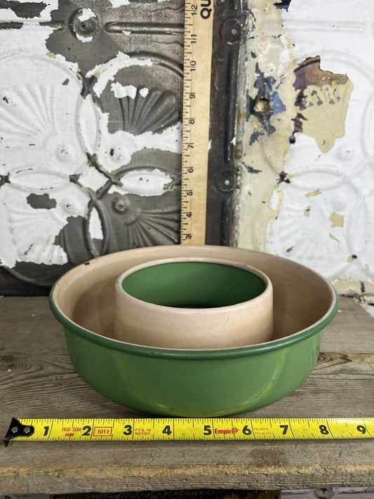 antique vintage enamelware green And Pink Jello Mold Bundt Pan