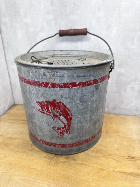 Metal Minnow Fishing Bucket Vintage #1231