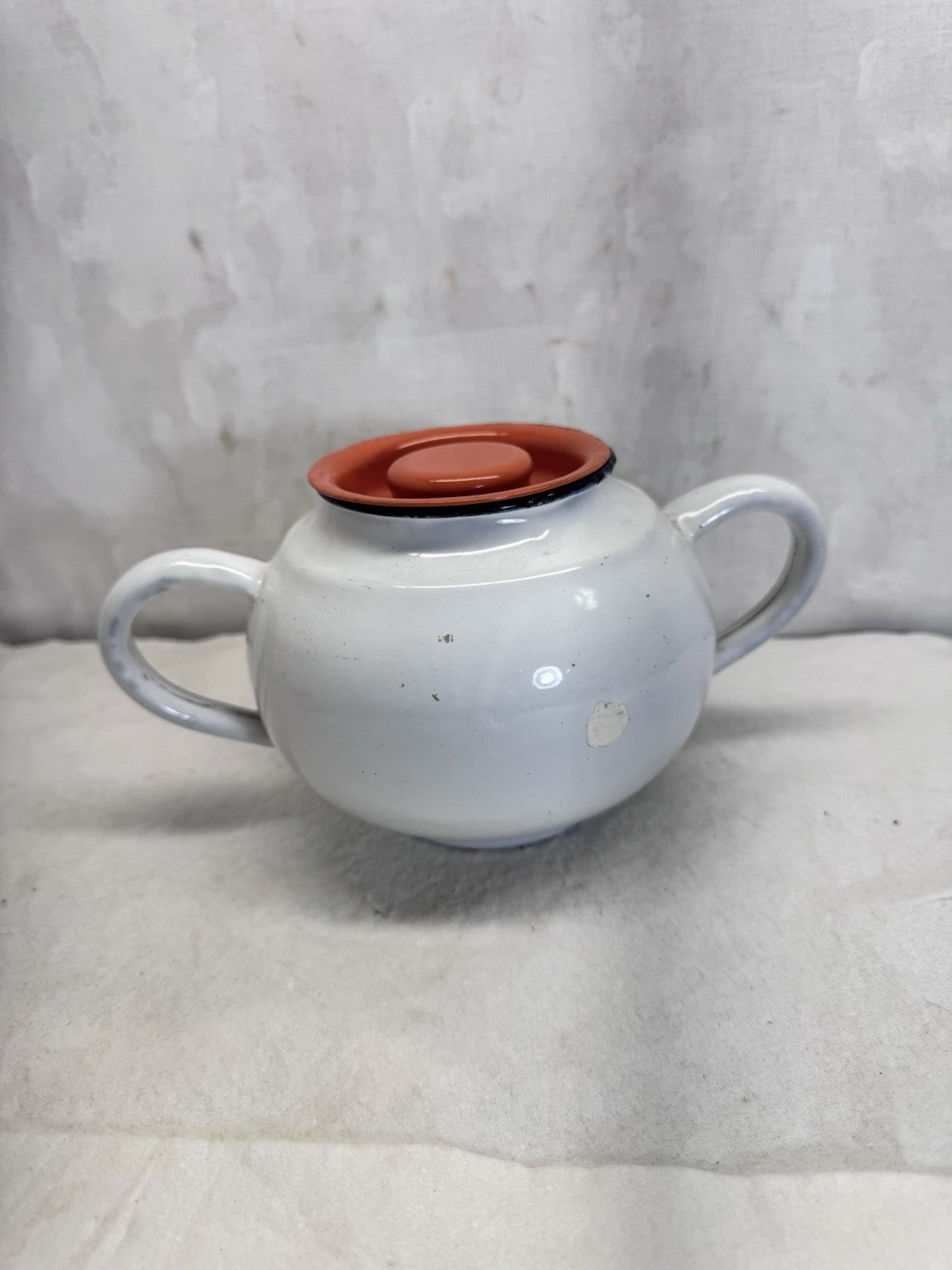 Vintage White Orange And Black Enamelware Double Handle Pot 