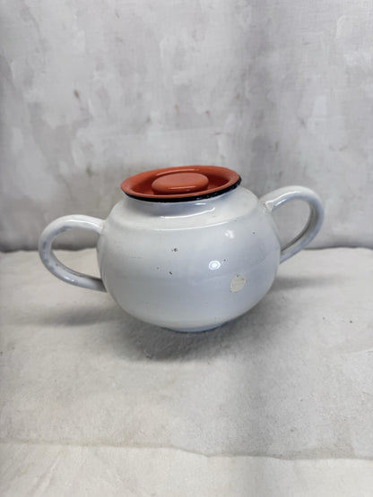 Vintage White Orange And Black Enamelware Double Handle Pot 