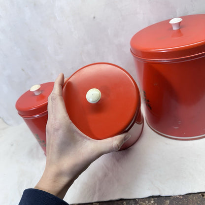 Red Nesting Kitchen Canister Set Of 3 Vintage