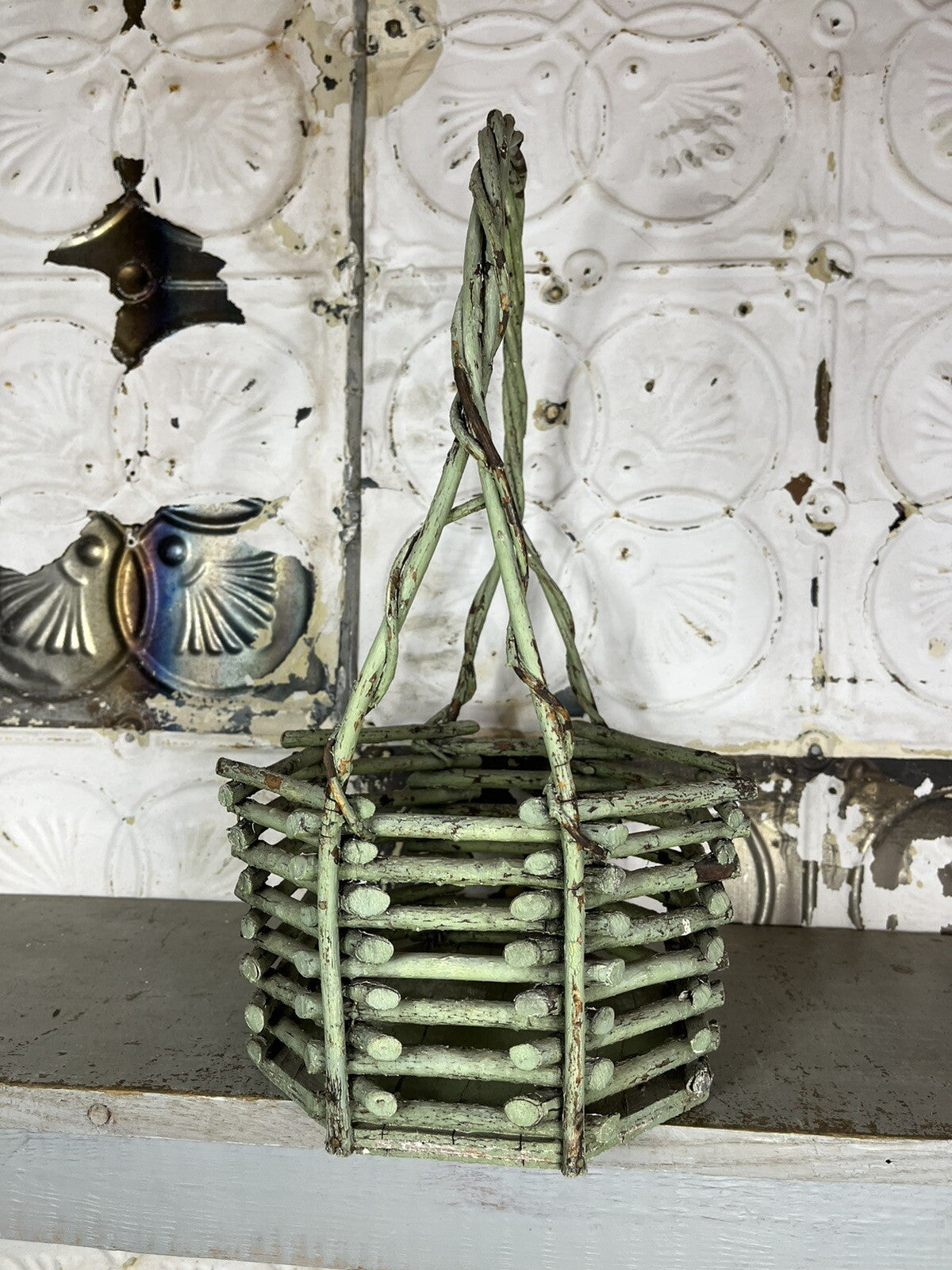 Primitive Antique Early 1900s Green Twig Basket W/Patina, Home Decor